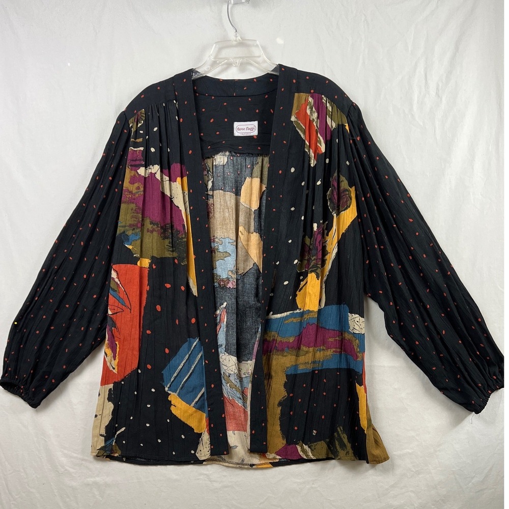 Vintage Three Flaggs California Open Cardigan Duster Women XL Black Abstract